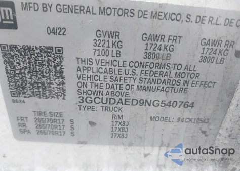 2022 Chevrolet Silverado 1500 4Wd Short Bed Wt z USA, uszkodzony, nr VIN 3GCUDAED9NG540764